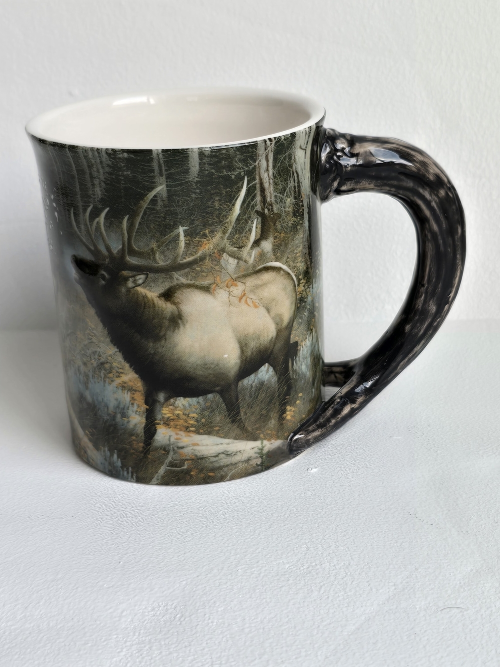 Wildlife Ceramic Mug with Elk Design - Black/Brown Handle